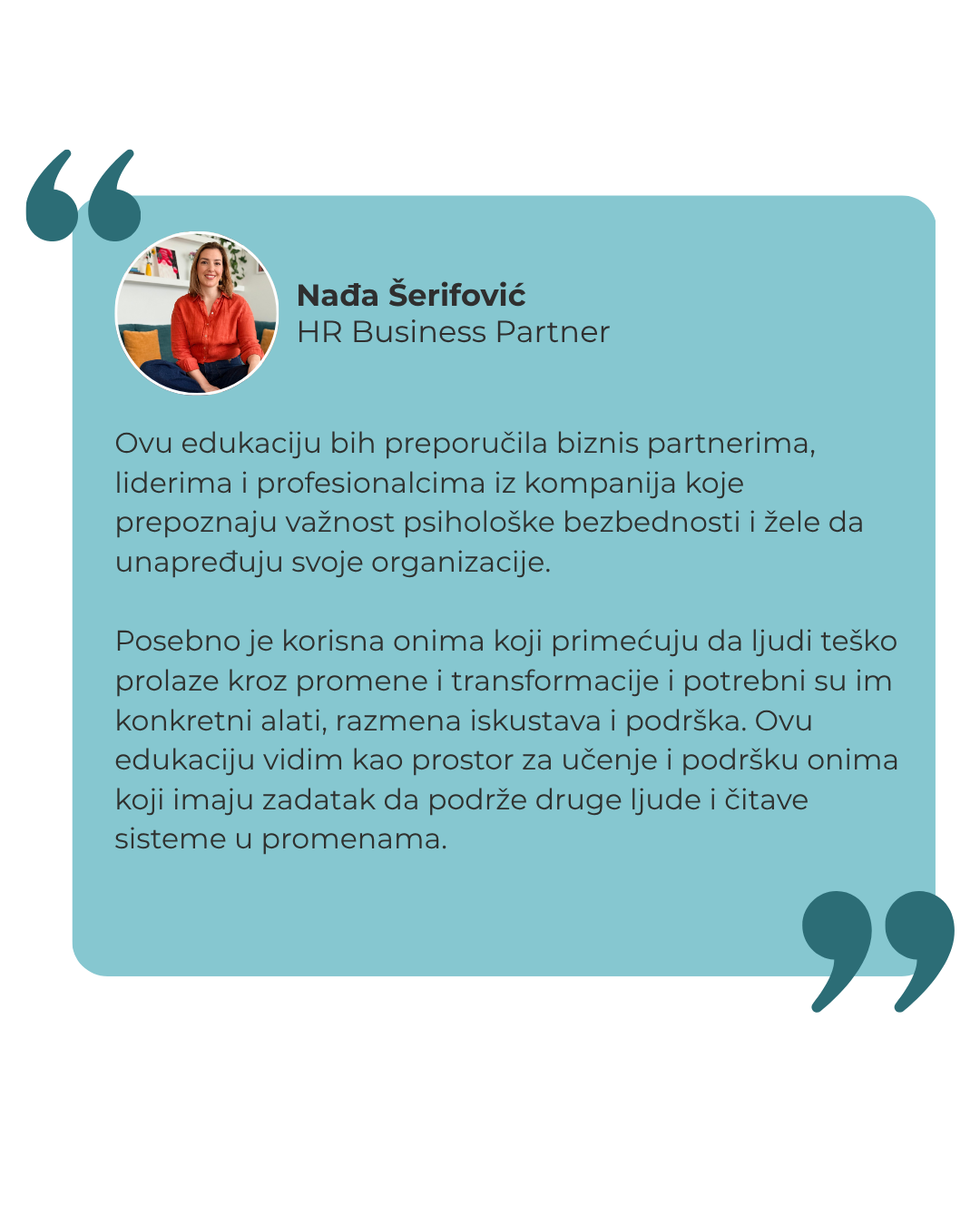 Nađa Šerifović - HR Business Partner. Preporuka edukacije iz psihološke bezbednosti.